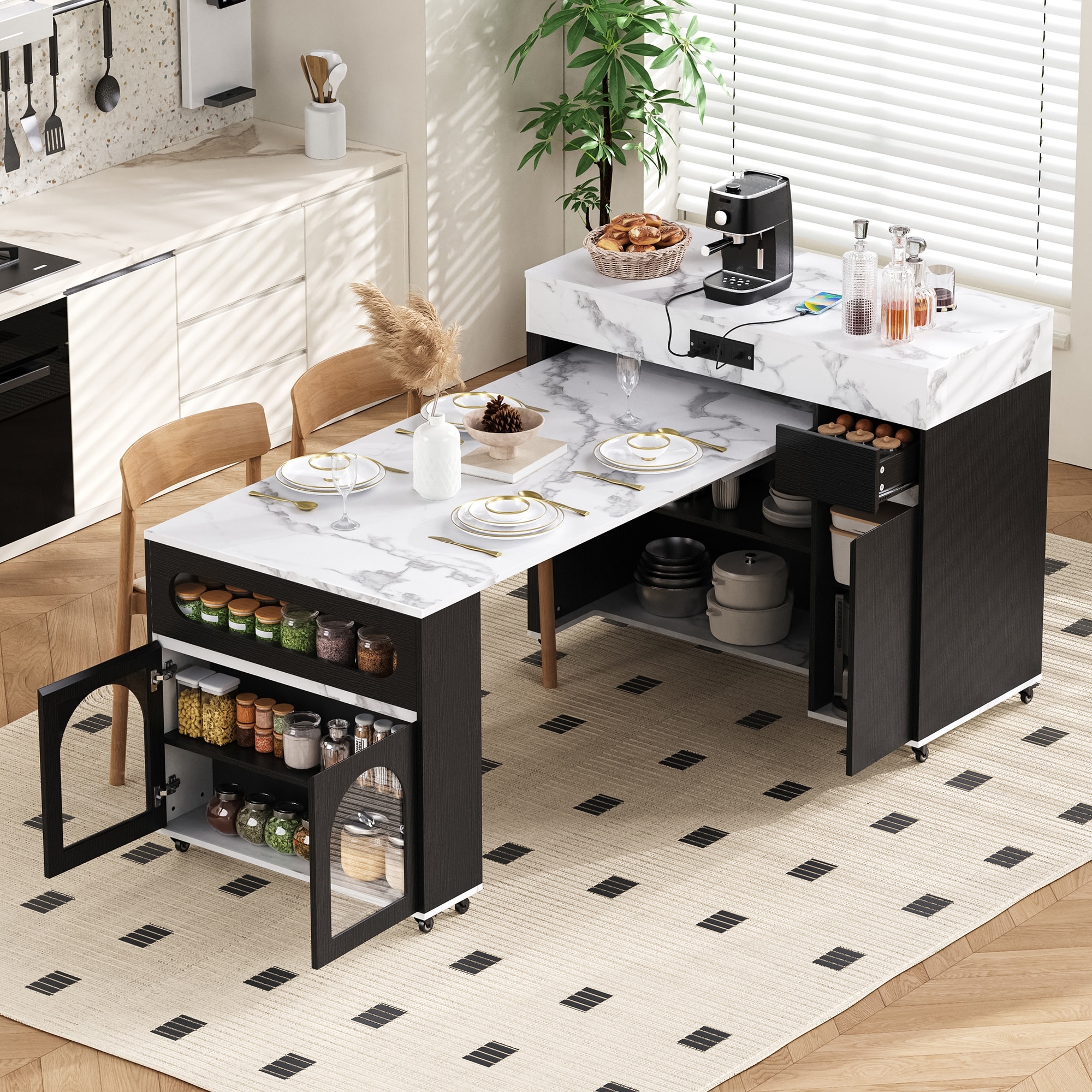 Rolling Kitchen Island with Drawers, Extendable Dining Table with Folding Top and Power Outlet, Storage Cabinet for Kitchen
