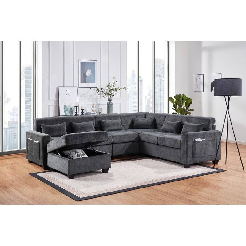 Trey 115"W Gray Chenille Sectional with Adjustable Backrest, Charging Ports, Pockets, Tufting, Storage Ottoman, Throw Pillows