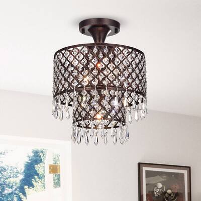 Antique Copper 3-Light Beaded Dual Drum Crystal Semi Flush Mount - Antique Copper