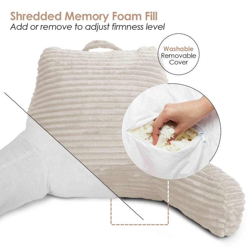 Nestl Cut Plush Striped Reading Pillow - Back Support Shredded Memory Foam Bed Rest Pillow with Arms