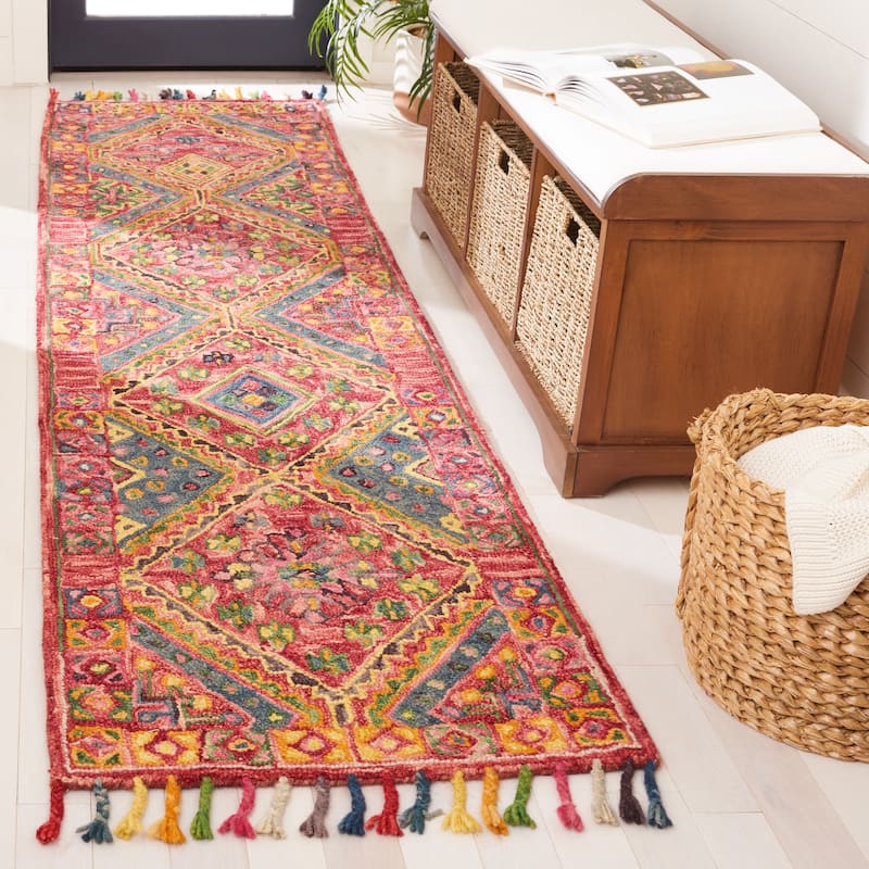 SAFAVIEH Handmade Aspen Leontina Boho Wool Tassel Rug - 2'3" x 9' Runner - Red/Blue