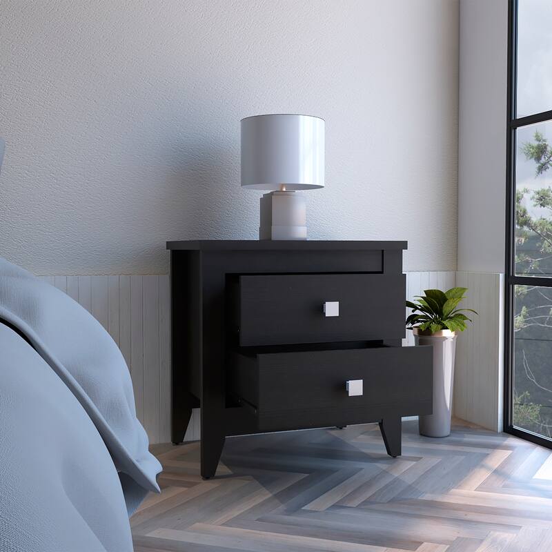 Black Nightstand with Two Drawers and Four Wooden Legs