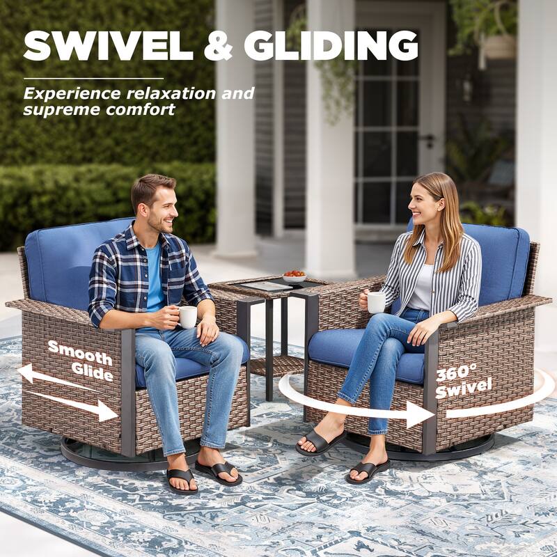 Pocassy Outdoor Wicker 3-Piece Swivel Chair with Side Table