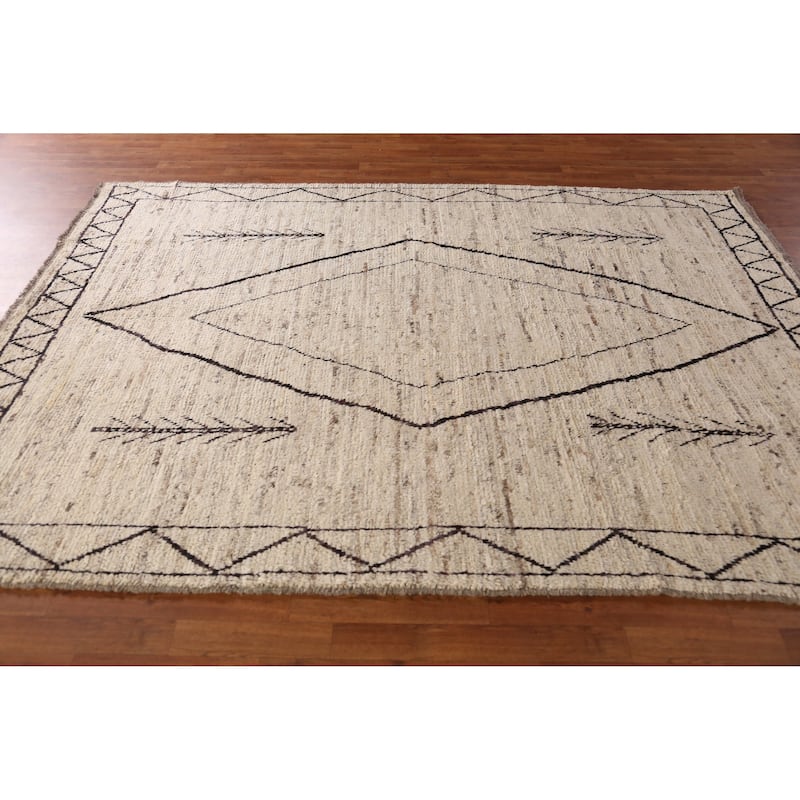 Geometric Grey Moroccan Oriental Area Rug Hand-Knotted Wool Carpet - 6'11" x 9'7"