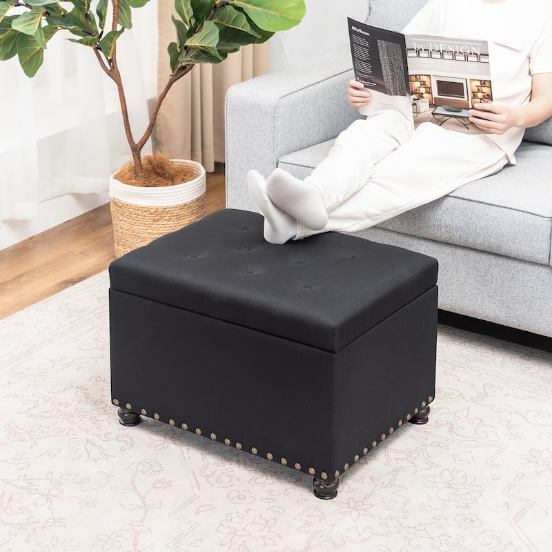 Adeco Storage Ottoman Tufted Linen Wood Bench with Nails