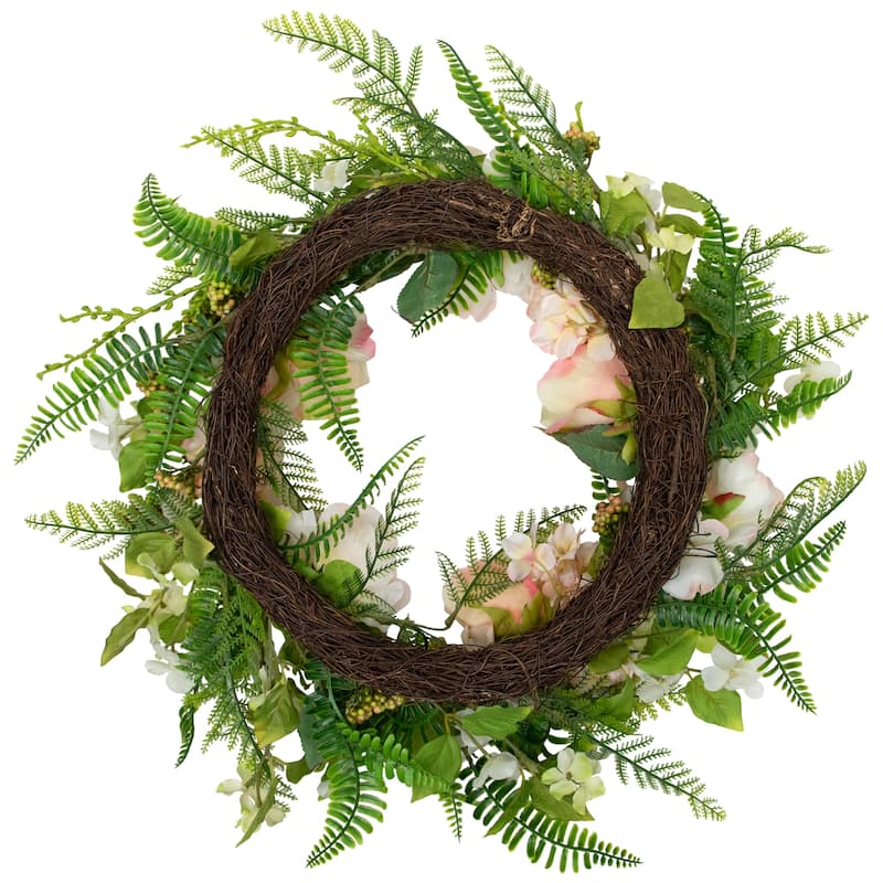 Rose and Peony Fern Artificial Floral Spring Wreath, Pink - 24-Inch