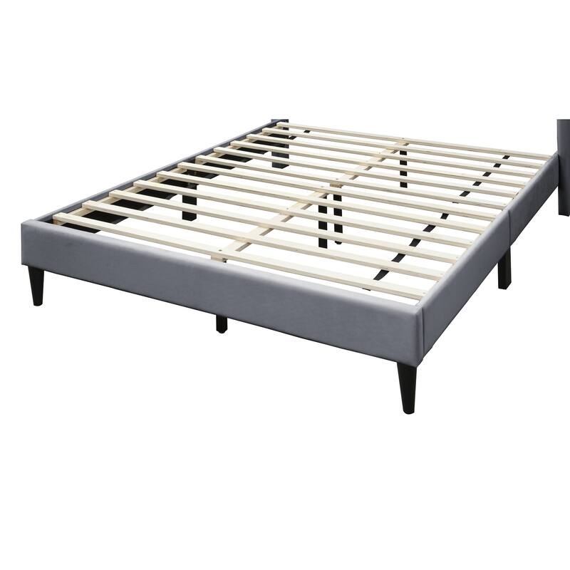 Modern Gray Velvet Upholstered Queen Size Bed with Geometric Headboard