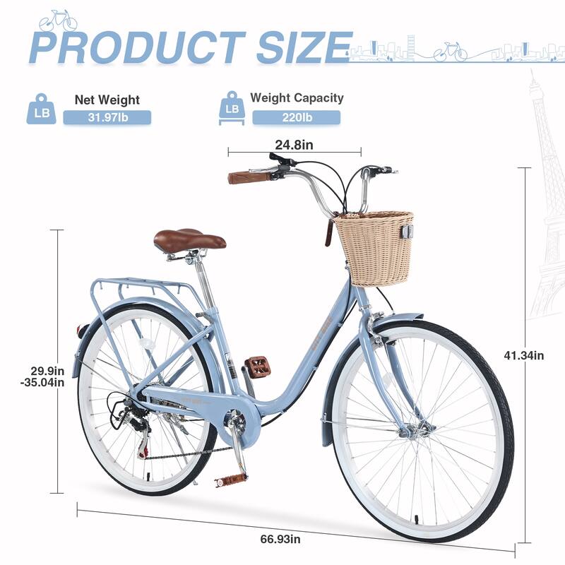 26 Inch Road Cycling Bicycle, Shimano 7 Speed City Bike with Basket and Dual V-Brake, Low Step-Thru Steel Frame for Teens