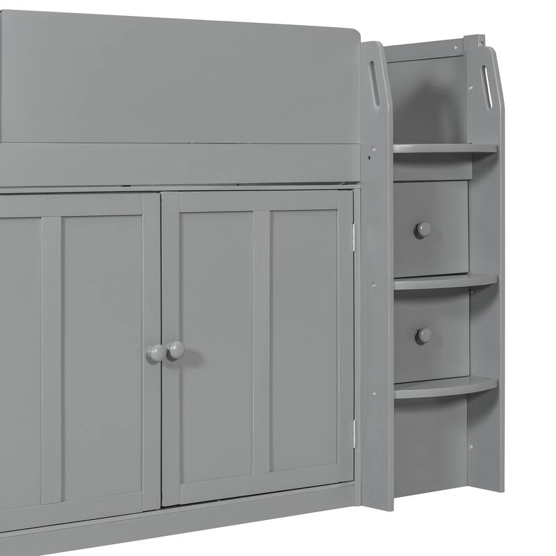 House-Style Kids Loft Bed Frame with Cabinets, Desk, Twin Size Wooden Loft Bed with Safety Guardrail & Storage Ladder