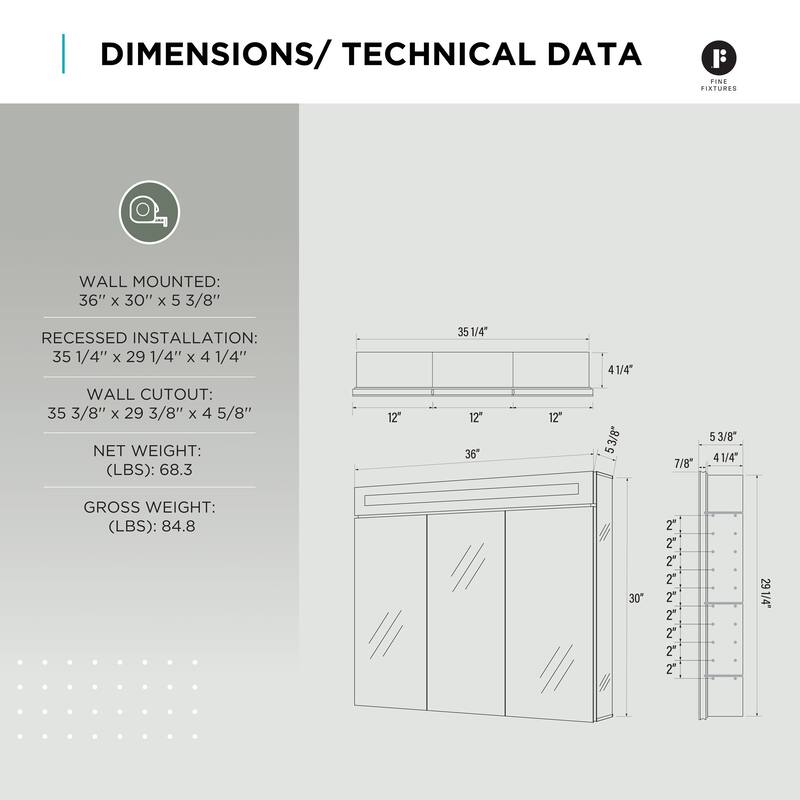Bathroom Medicine Cabinet, Aluminum, Recessed/Surface Mount, Mirrored Interior w/LED