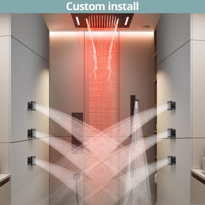 64 LED Thermostatic Shower Faucet 22"x15" Rainfall & Waterfall Shower System 5 Way Digital Display Valve w/ 6 Body Jets