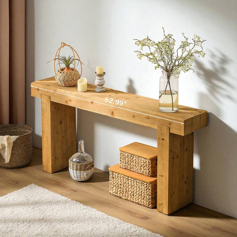63" Solid Wood Console Table with Rustic Farmhouse Design, Narrow Entryway Hallway Sofa Table