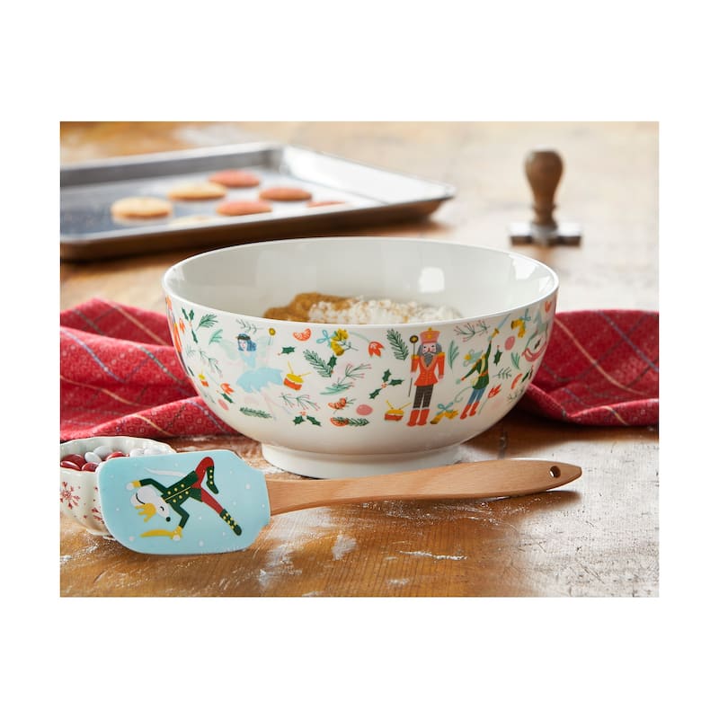 Nutcracker Bowl Set with Spatula - 72oz Mixing & Serving Bowls, Multicolor Bone China, Dishwasher Safe, Christmas Decor