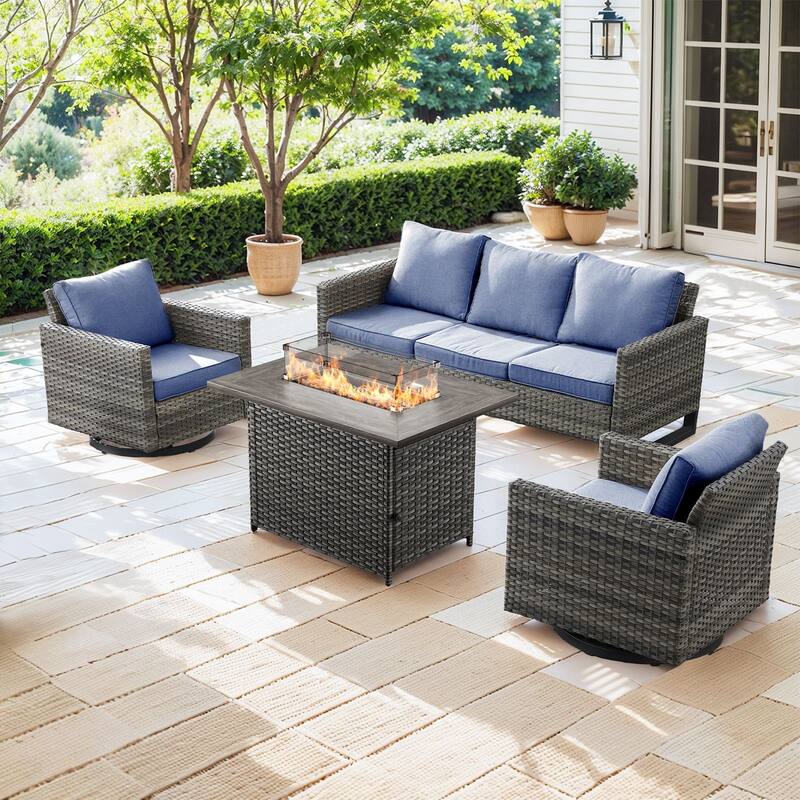 Outdoor Fire Pit Table with Patio Funiture - Grey Wicker Blue Cushion - 5PCS Fire Table w/ Sofa Swivel Chair