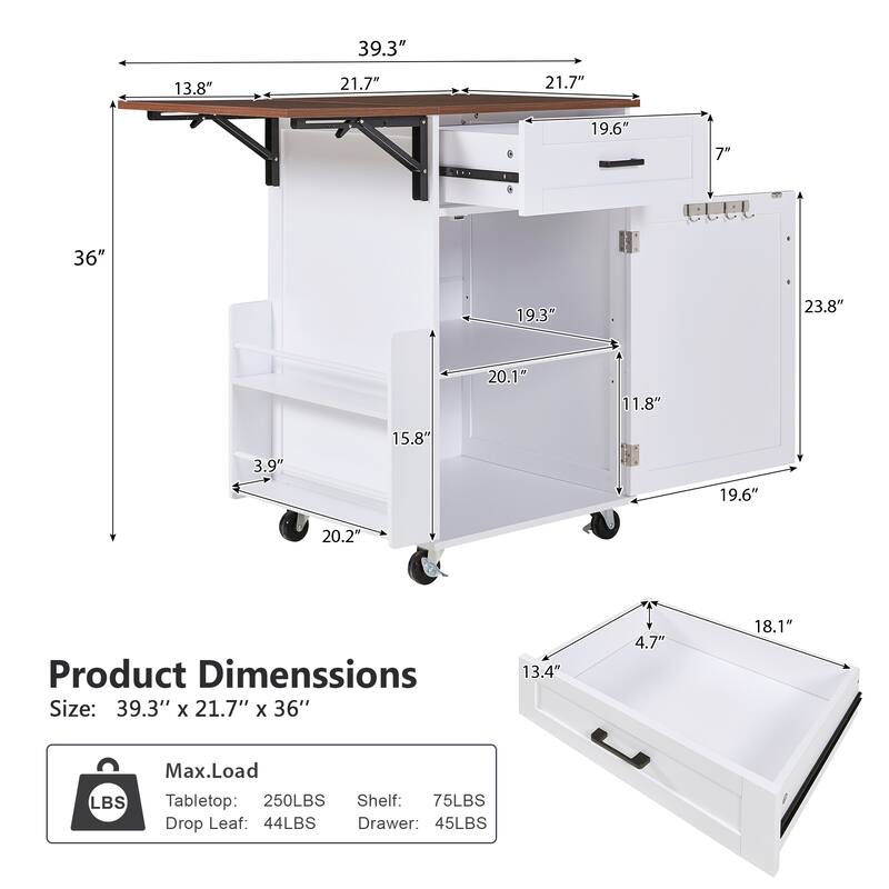 39.3" Kitchen Island with Drop Leaf, Kitchen Storage Island with Open Side Rack, One Drawer, Towel Rack, with Lockable Wheels