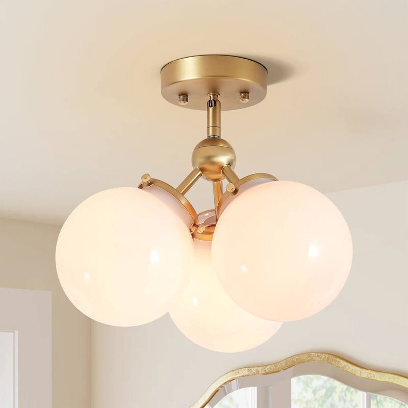 3-Light 14.2" W Mid-Century Modern Brushed Gold Chandelier with Opal Glass Bubble Globe Shades for Living Room, Bedroom - 14.2 in. W x 8.7 in. H x 14.2 in. D - Gold/White