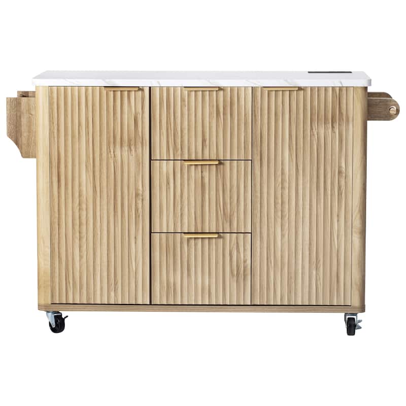 55.5" Fluted Kitchen Island with Drop Leaf and Storage Features Power Outlet and Adjustable Shelves