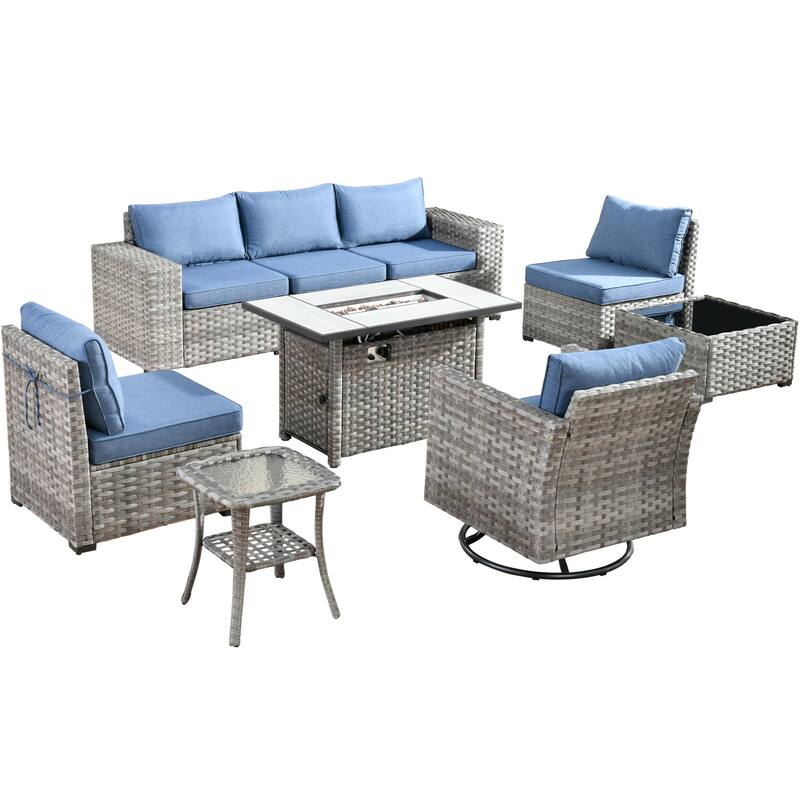 HOOOWOOO 9-piece Wicker Outdoor Modular Wide Armrest Sectional Set Fire Pit Set