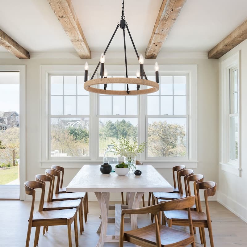 6-Light Rustic Hemp Rope Wagon Wheel Chandelier for Bedroom Foyer Entryway