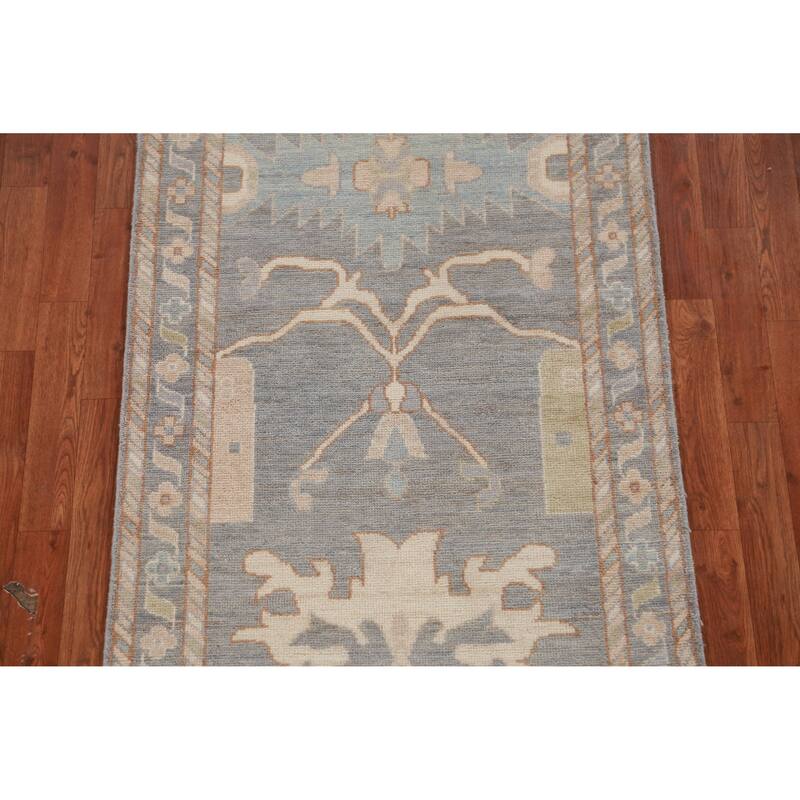 Hand Knotted Oriental 100% Wool Carpet Transitional Floral Greys & Charcoal Oushak Runner Rug - 11' 10'' X 3' 0''