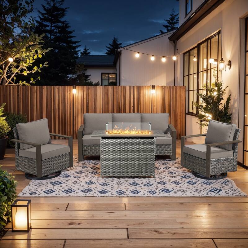 Pocassy 4 Pieces Outdoor Sofa Swivel Chair with Fire Pit Table Set - Gray cushion - Gray Wicker