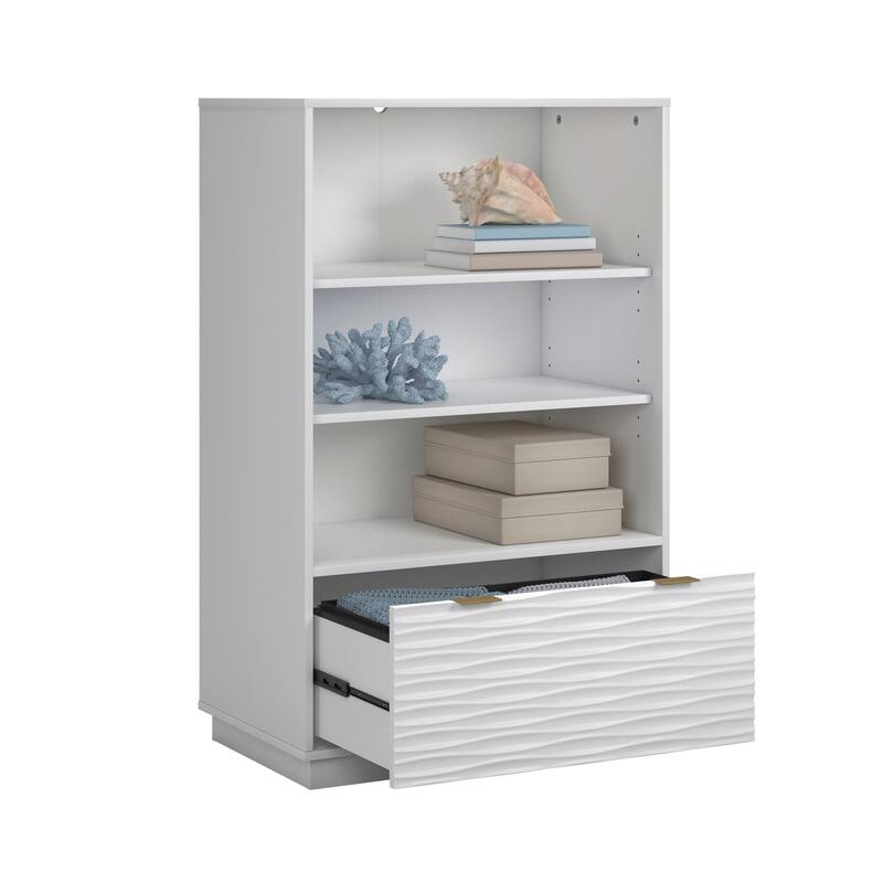 Engineered Wood Coastal Bookcase With Lower Drawer, White - 30.04"W x 18.5"D x 48.35"H