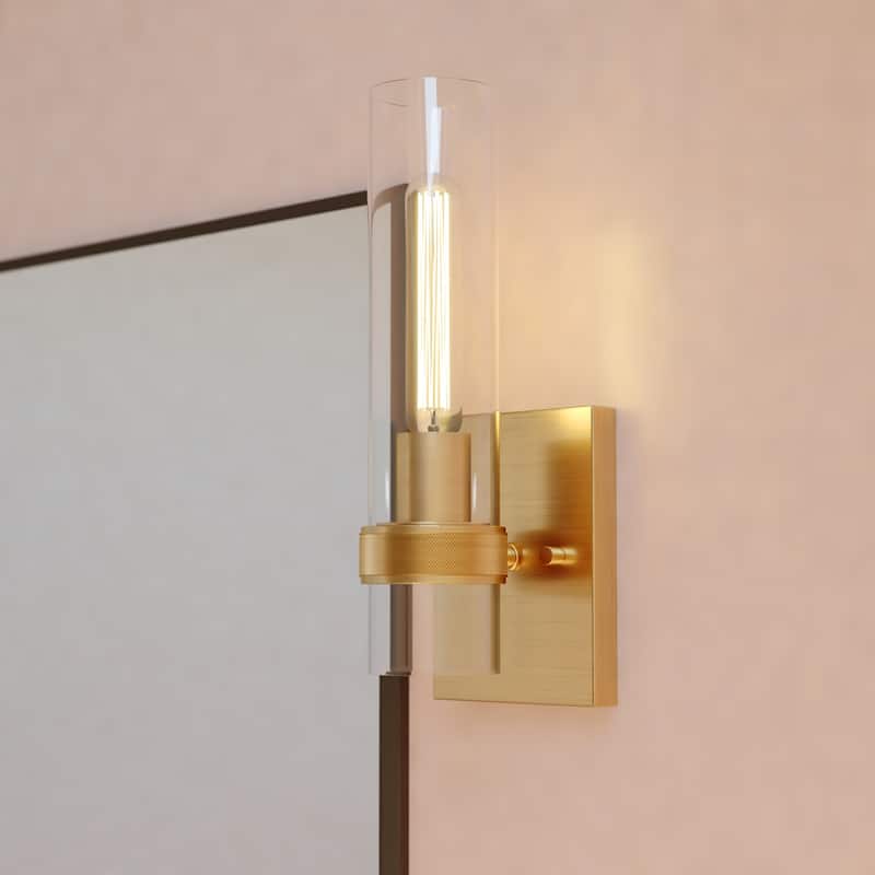 Bari 1 Light Contemporary Wall Sconce with Clear Cylinder Glass - Satin Brass - 4.75-in W x 13-in H x 4.5-in D