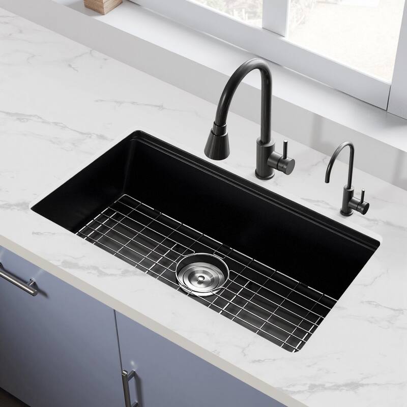 Black Granite Undermount Kitchen Sink with Single Bowl and Cutting Board and Roll-Up Rack