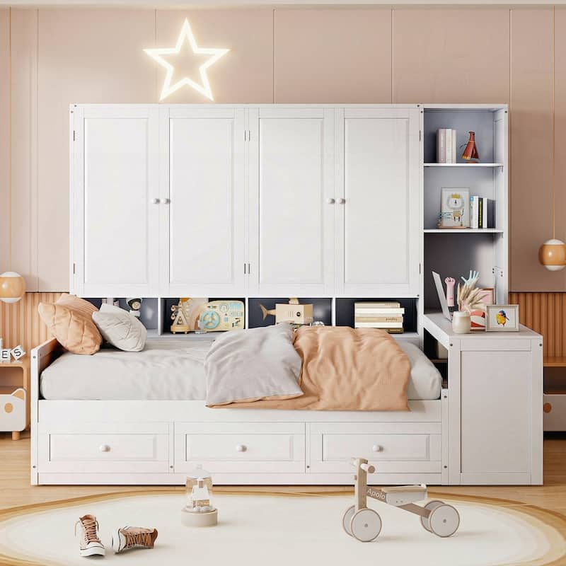 Wooden Daybed With Three Drawers and All-in-One Cabinet - White - Full