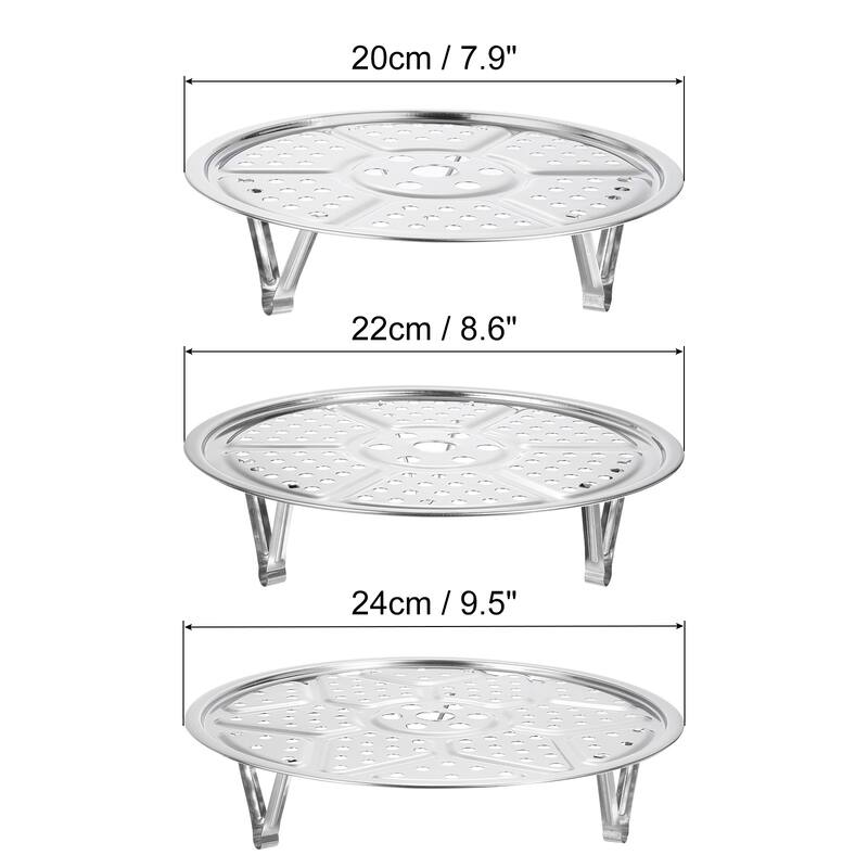 Stainless Steel Steamer Rack w Stand, Insert Stock Pot Steaming Tray - Silver Tone - 7.9",8.6",9.5"(3pcs)