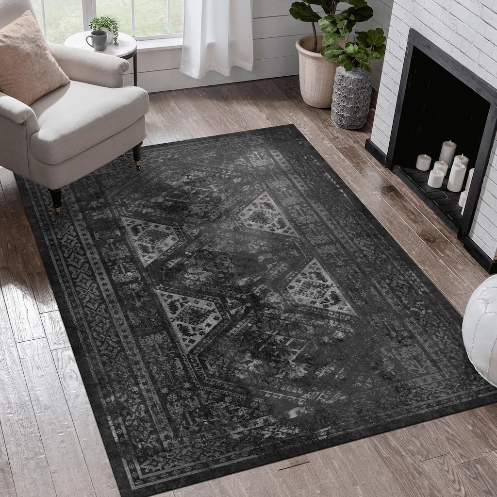 Roomfitters 5x8 Machine Washable Boho Vintage Area Rug, Non-Slip Pet Friendly Indoor Living Room Decor Carpet - Black+Gray