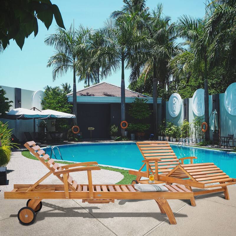 Chic Teak Bahama Teak Wood Pool and Patio Lounger with Pull Out Side Table