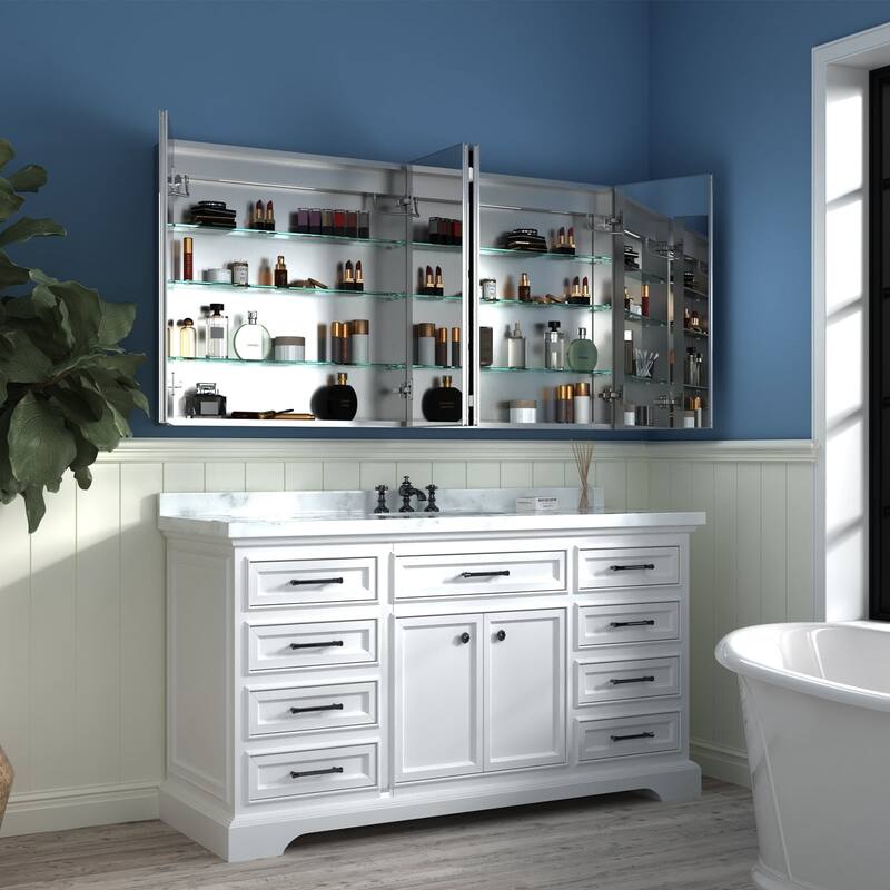 Aluminum Surface/Recessed Mount LED Medicine Cabinet with Mirror, Outlet and Shelves