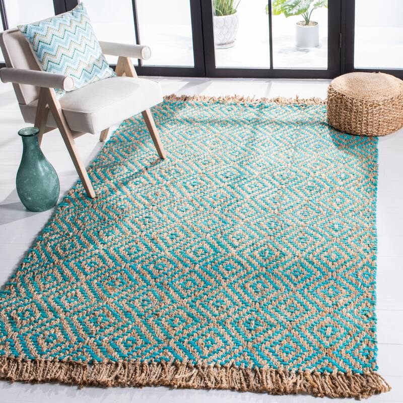 SAFAVIEH Handmade Natural Fiber Jaeda Diamond Jute Tassel Rug - 8' x 10' - Turquoise/Natural