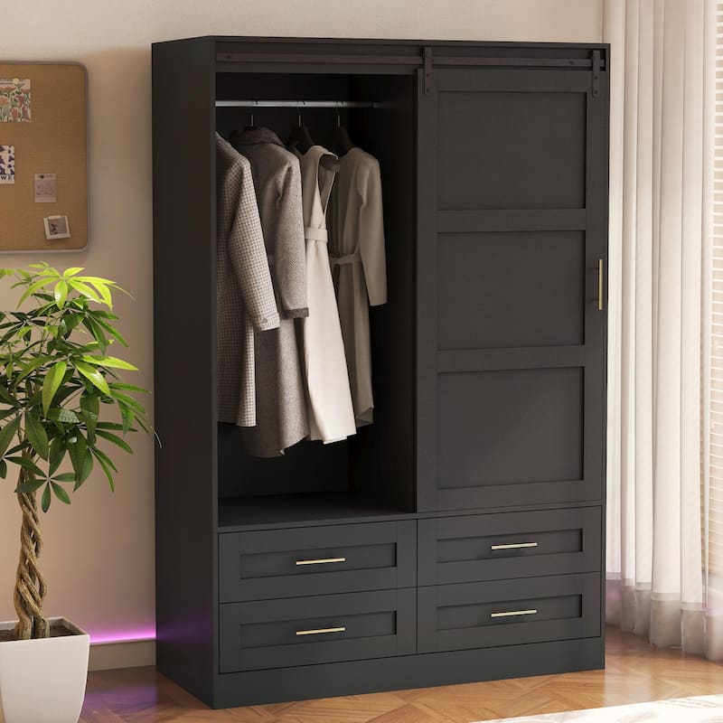 Tall Bedroom Armoire Wardrobe Closet with Hanging Rod, Barn Door, Drawers, and Open Shelves