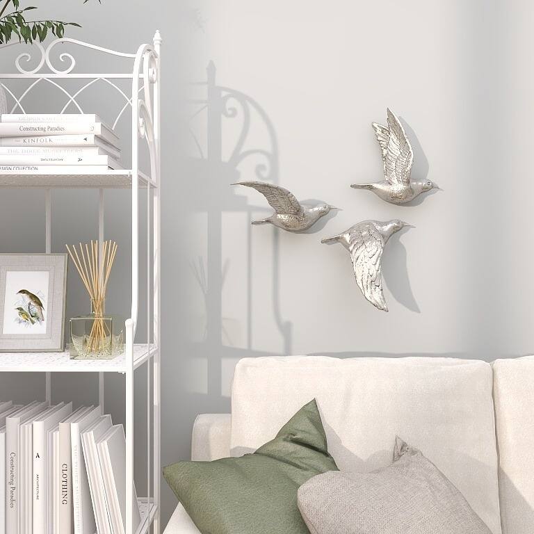 Polystone Weathered 3D Floating Bird Wall Decor (Set of 3) - Dark Brown, Gold, Silver