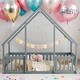 preview thumbnail 1 of 25, Kids Furniture Full Size Wood House-Shaped Floor Bed Kids Bed with Fence and Guardrails, Grey Grey