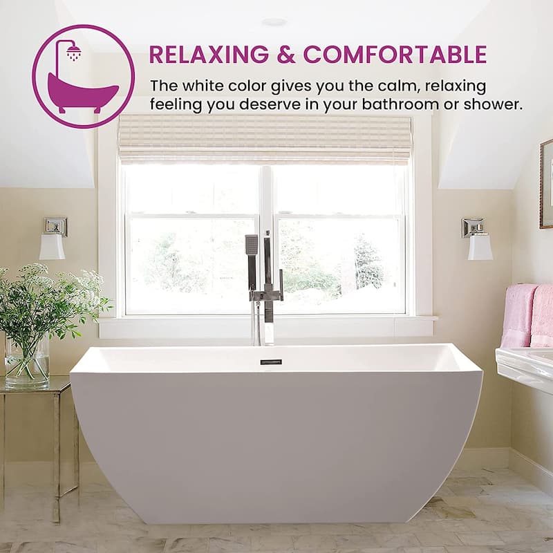 Vanity Art 59 x 30 Inch Freestanding Acrylic Soaking Bathtub with Slotted Overflow & Pop-up Drain