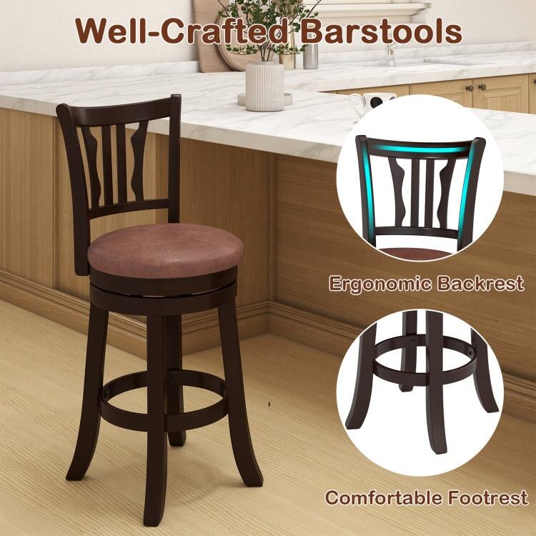 Set of 2 Cappuccino Rubber Wood MDF Faux Leather Swivel Bar Stools with Footrest