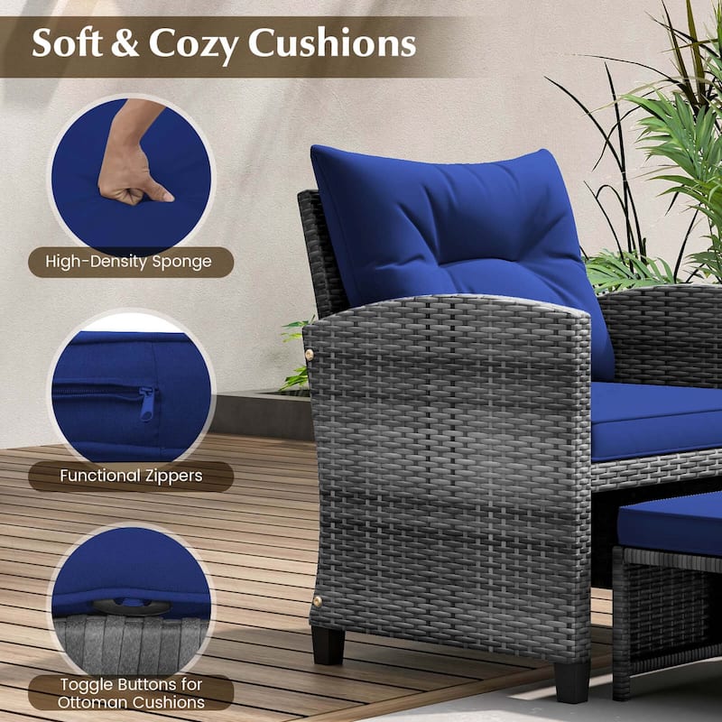 Gymax 5 PCS Rattan Furniture w/ 2 Ottomans & Tempered Glass Coffee