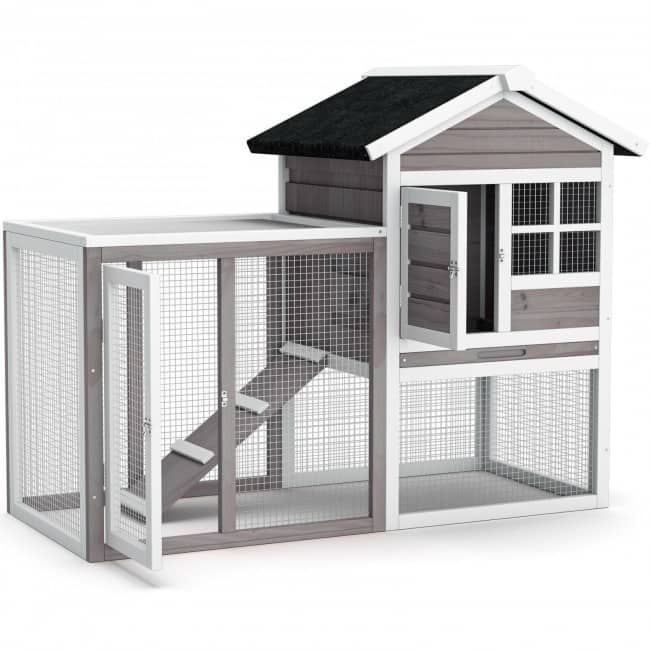 2-Story Wooden Rabbit Hutch with Running Area - 48.5" x 25" x 37" (L x W x H)