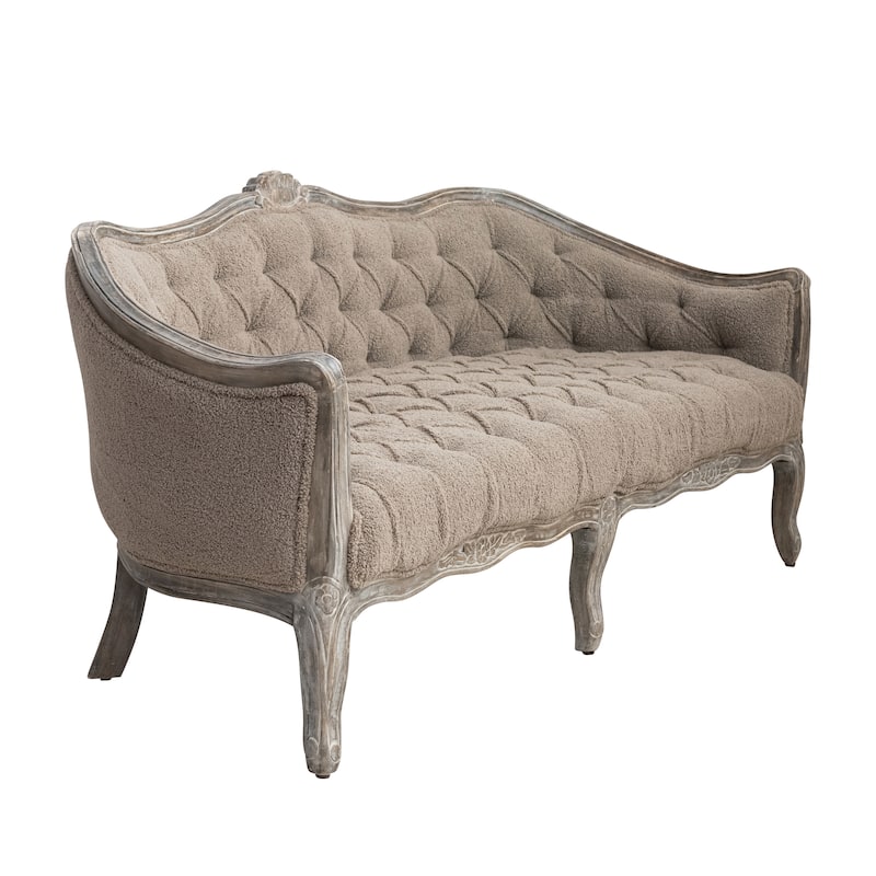 Bouclé Pintucked Sofa with Hand-Carved Mango Wood Frame