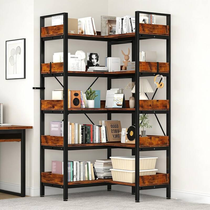 5-Tier Corner Bookshelf, L-Shaped Reversible Bookcase for Home Office - Brown
