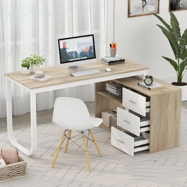 L-shaped executive desk With 3 Drawers for Home and Office - Oak
