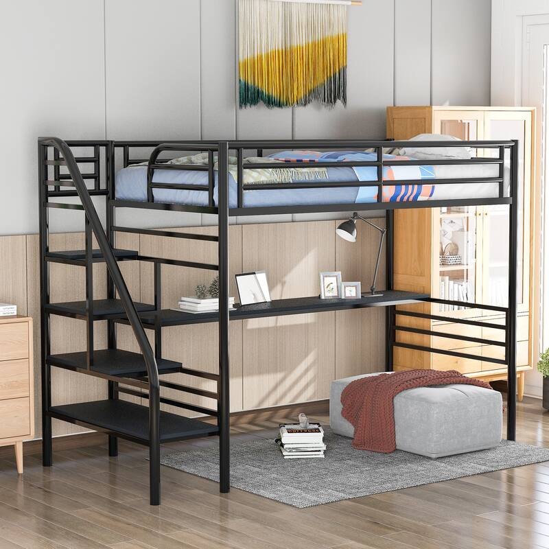 Twin Black Metal Loft Bed Frame with Desk, No Box Spring Needed - Black