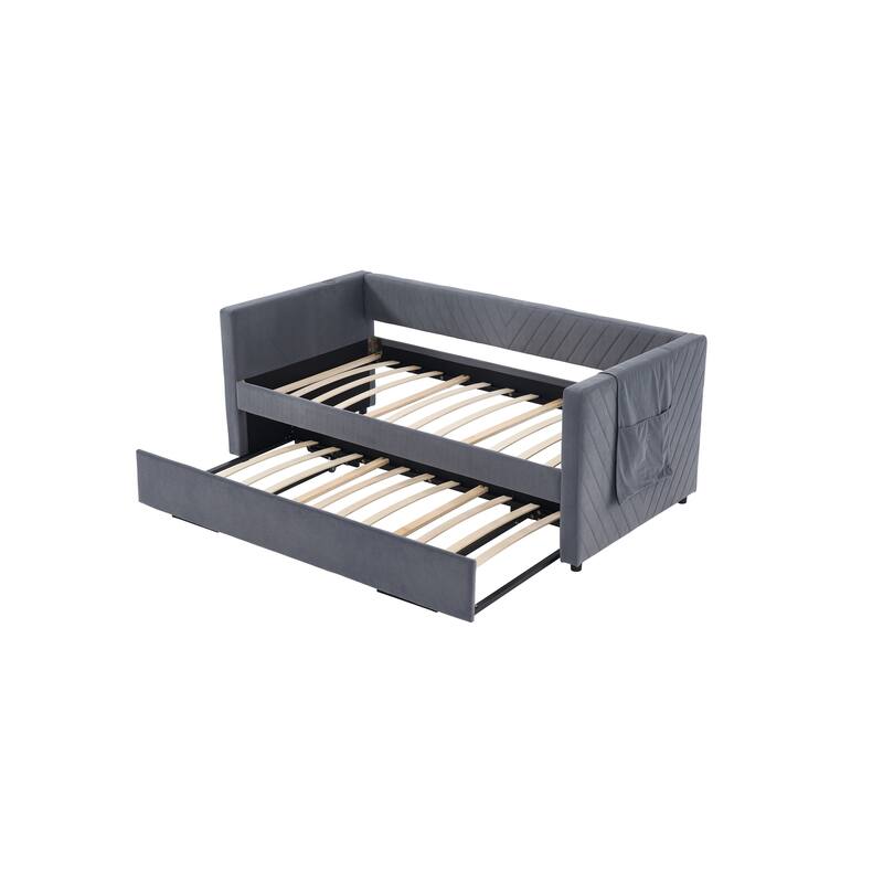 Twin Size Velvet Daybed with Trundle, USB Charging Port & Side Pockets, Modern Upholstered Sofa Bed with V-Pattern Backrest