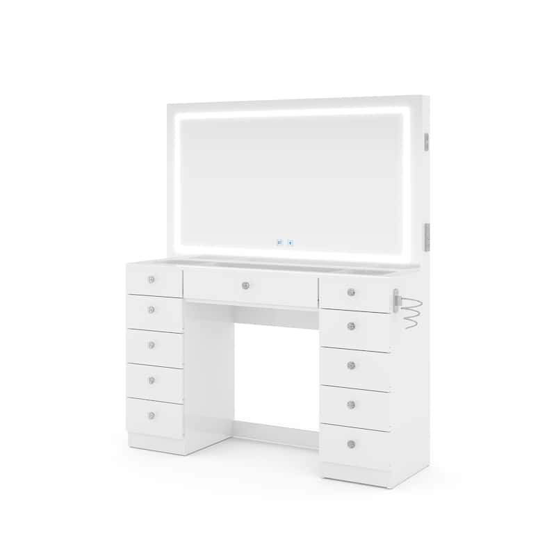 Boahaus Premium Makeup Vanity Desk Full-Width LED Mirror, Bluetooth Speakers 11 Drawers