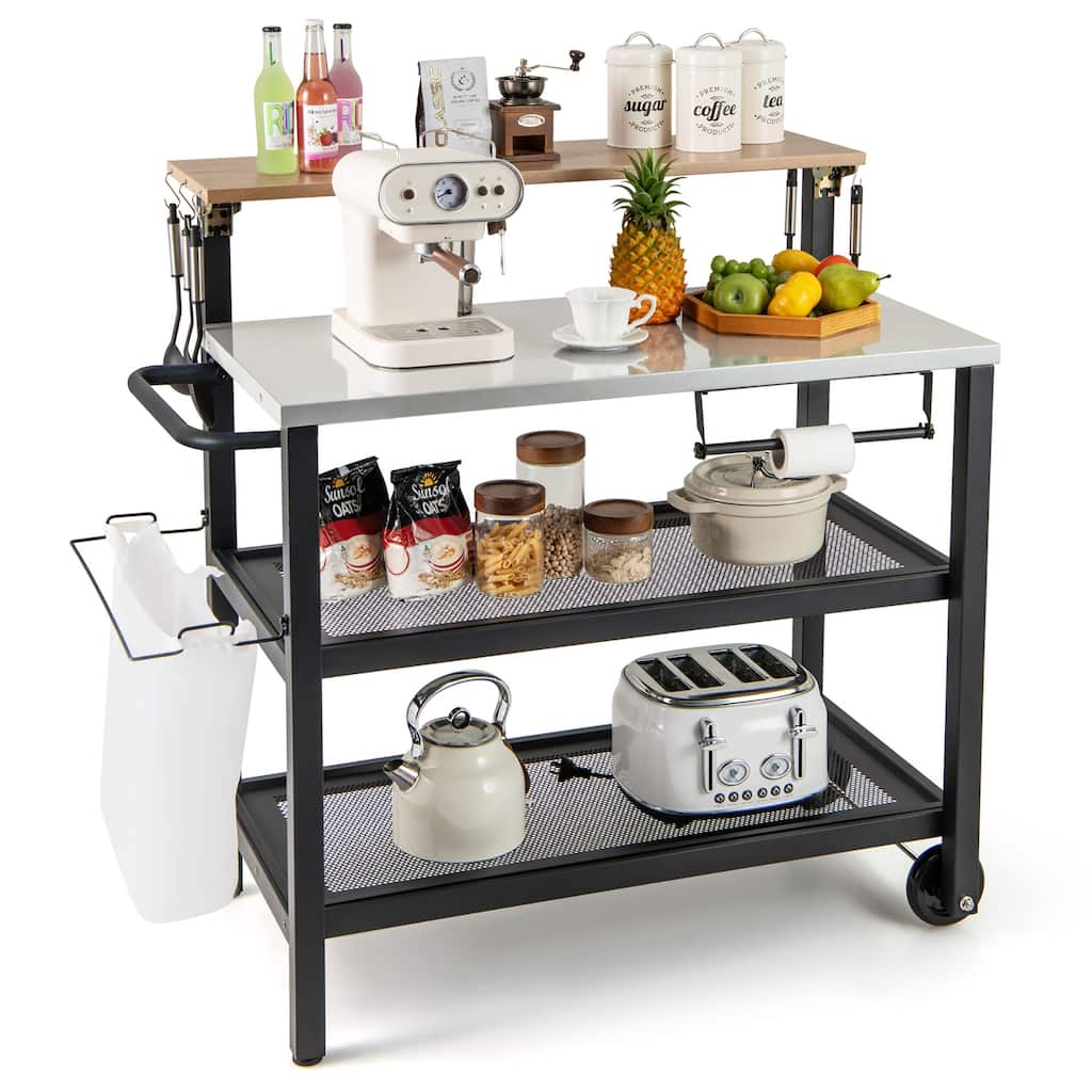 Gymax Rolling Bar Cart w/ Flip-up Table Hooks Paper Towel Holder Trash
