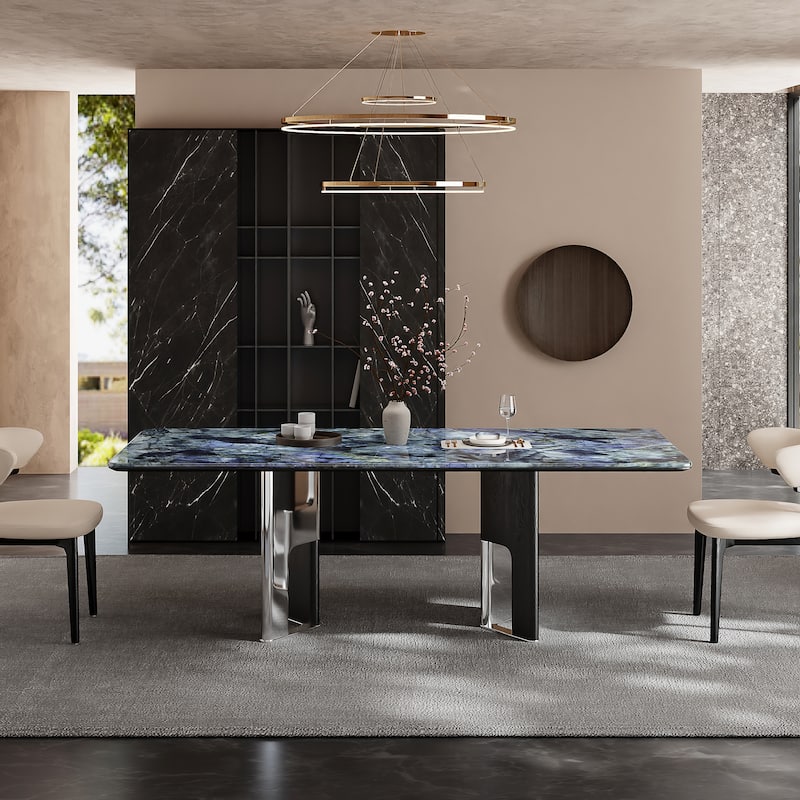 78.74"Modern Dining Table for 6-8,Glossy Sintered Stone Top, Blue - 78.74"