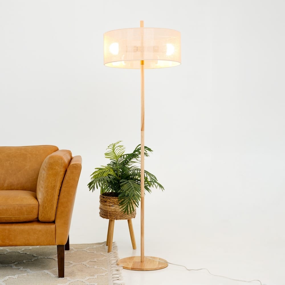 Layla Natural Wood Floor Lamp with Linen Drum Shade